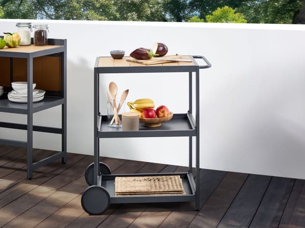 Utekjøkkensett Lyst tre Aluminium 3 deler Oppbevaringsskap med vask Øy Trillebord Moderne design Hagemøbler Utekjøkken