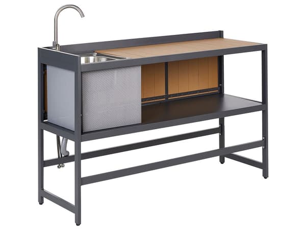 Utekjøkkensett Lyst tre Aluminium 3 deler Oppbevaringsskap med vask Øy Trillebord Moderne design Hagemøbler Utekjøkken