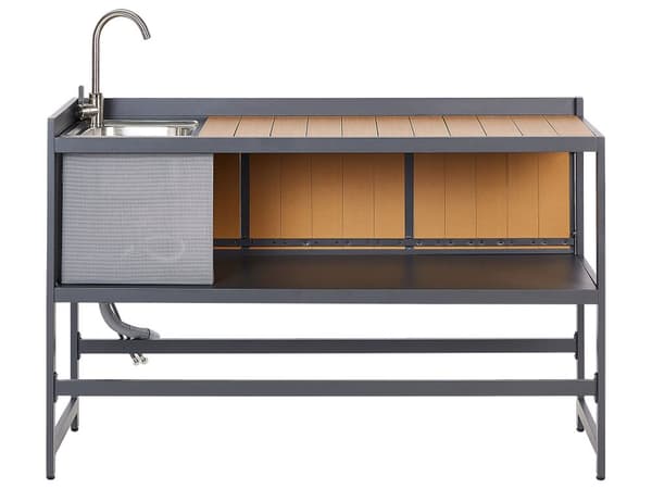 Utekjøkkensett Lyst tre Aluminium 3 deler Oppbevaringsskap med vask Øy Trillebord Moderne design Hagemøbler Utekjøkken