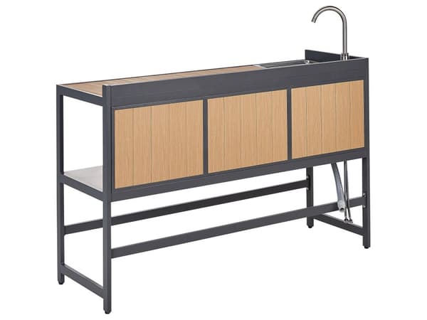 Utekjøkkensett Lyst tre Aluminium 3 deler Oppbevaringsskap med vask Øy Trillebord Moderne design Hagemøbler Utekjøkken