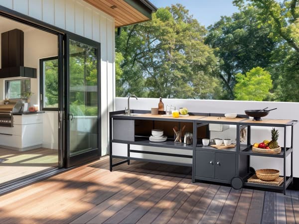 Utekjøkkensett Lyst tre Aluminium 3 deler Oppbevaringsskap med vask Øy Trillebord Moderne design Hagemøbler Utekjøkken