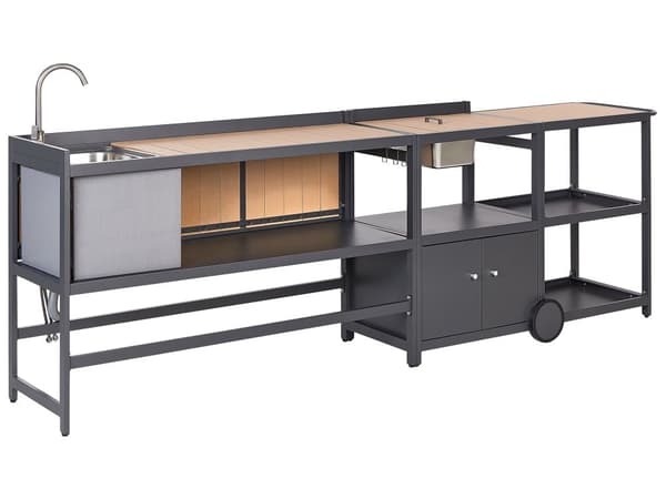 Utekjøkkensett Lyst tre Aluminium 3 deler Oppbevaringsskap med vask Øy Trillebord Moderne design Hagemøbler Utekjøkken