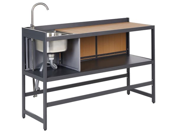 Utomhuskök 3 Delar Ljust Trä Aluminium Förvaringsskåp Ö Diskbänk Vagn Utomhuskök Matlagningsstation