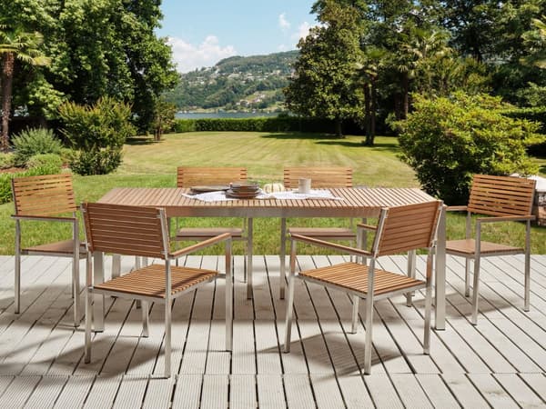 Trädgårdsmatsal Certifierad Teak Trä Metallram 6 Sittplatser 200 x 90 cm Slatted Design Modern Industriell Utomhus