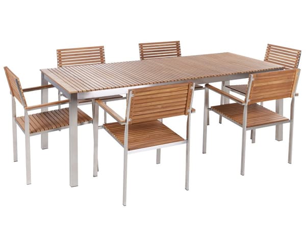 Trädgårdsmatsal Certifierad Teak Trä Metallram 6 Sittplatser 200 x 90 cm Slatted Design Modern Industriell Utomhus