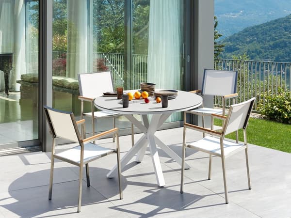 Matgrupp Vit Aluminium Rostfritt Stål Keramisk Bordsskiva i Glas 4 Stolar Utomhusmöbler Modern Design