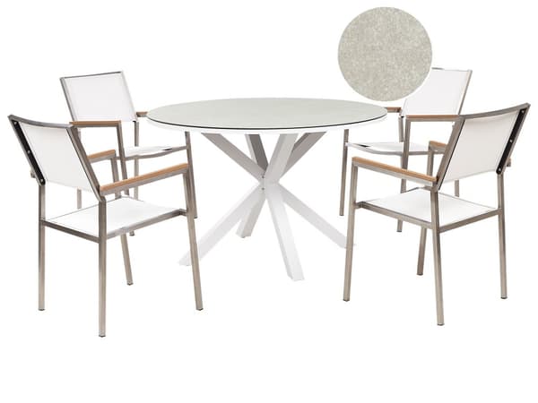 Matgrupp Vit Aluminium Rostfritt Stål Keramisk Bordsskiva i Glas 4 Stolar Utomhusmöbler Modern Design