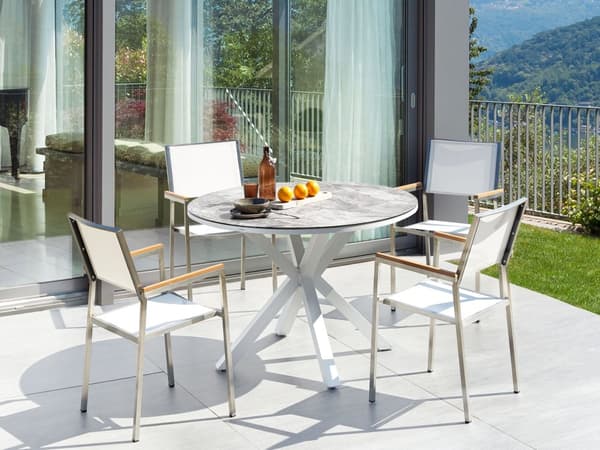 Matgrupp Vit Aluminium Rostfritt Stål Keramisk Bordsskiva i Glas med Marmoreffekt 4 Stolar Utomhusmöbler Modern Design