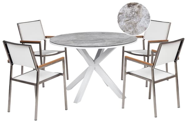 Matgrupp Vit Aluminium Rostfritt Stål Keramisk Bordsskiva i Glas med Marmoreffekt 4 Stolar Utomhusmöbler Modern Design