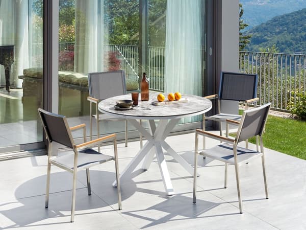 Matgrupp Vit Grå Aluminium Rostfritt Stål Keramisk Bordsskiva i Glas med Marmoreffekt 4 Stolar Utomhusmöbler Modern Design