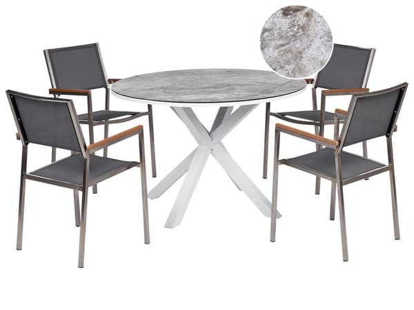 Matgrupp Vit Grå Aluminium Rostfritt Stål Keramisk Bordsskiva i Glas med Marmoreffekt 4 Stolar Utomhusmöbler Modern Design