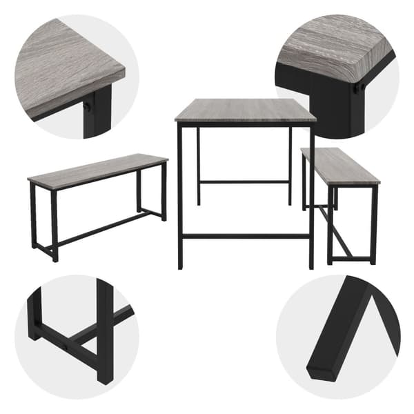 Spisestuesæt med 2 bænke 3-delt med spisebord egegråt stålstel ML-design