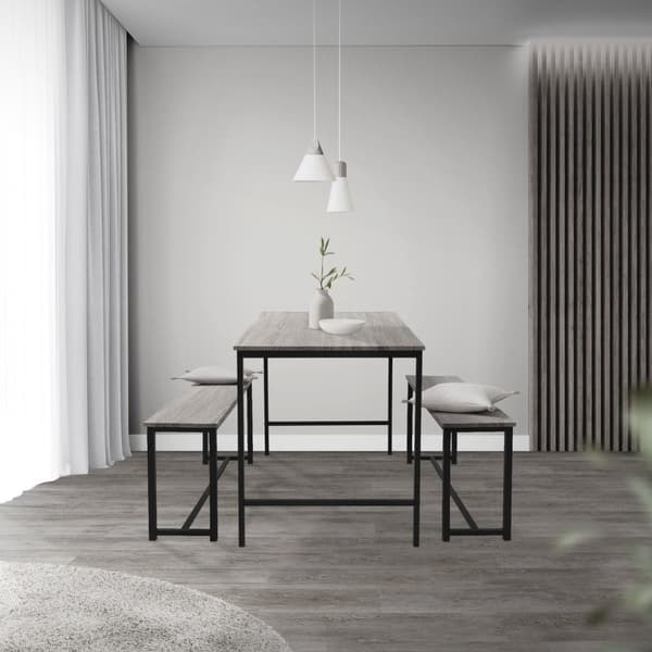 Spisestuesæt med 2 bænke 3-delt med spisebord egegråt stålstel ML-design
