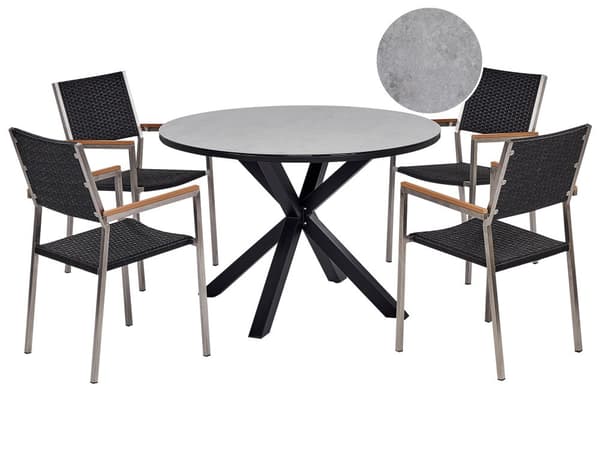 Hagespisesett Grått og Svart Aluminiumsbord Keramisk Glass Bordplate PE Rotting Stoler Rustfritt Stål Ramme 4 Seter Utemøbler Moderne