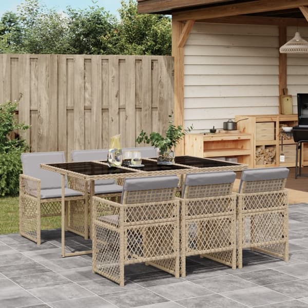 Matgrupp för trädgården med dynor 7 delar beige konstrotting