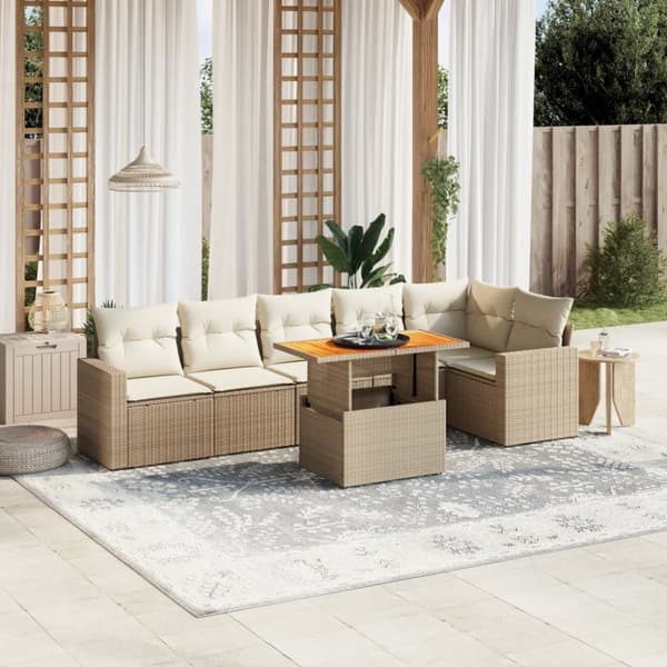 Matgrupp för trädgården med dynor 7 delar beige konstrotting
