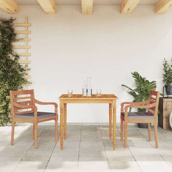 Matgrupp för trädgården med mörkgrå dynor 3 delar massiv teak