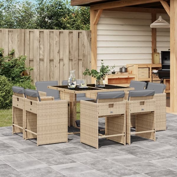 Matgrupp för trädgården med dynor 9 delar mixbeige konstrotting