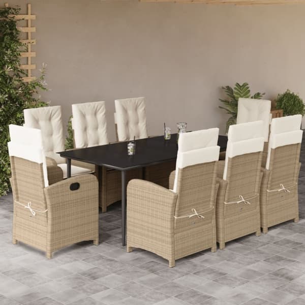 Matgrupp för trädgården med dynor 9 delar beige konstrotting