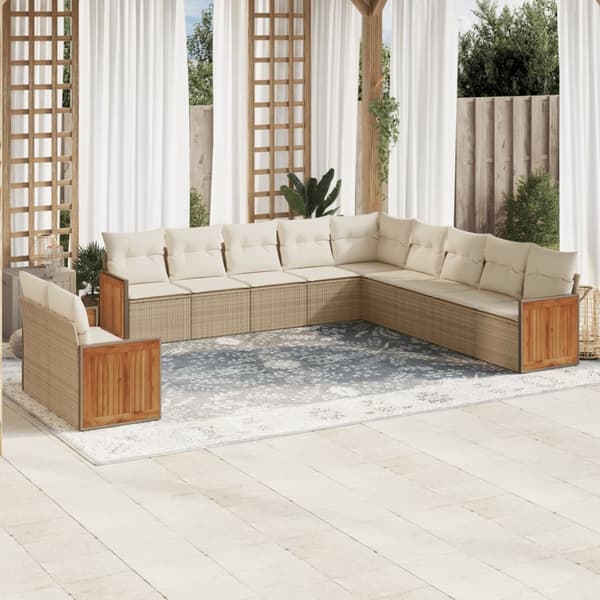 Loungegrupp för trädgården m. dynor 11 delar beige konstrotting