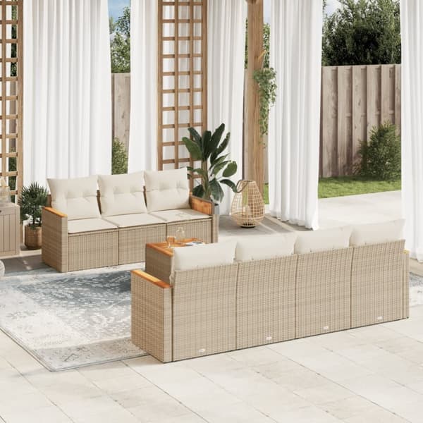 Matgrupp för trädgården med dynor 8 delar beige konstrotting