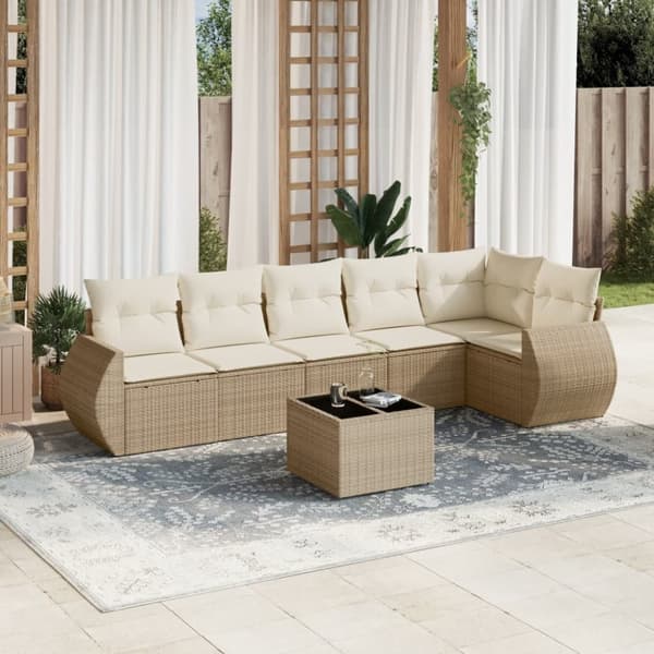 Matgrupp för trädgården med dynor 7 delar beige konstrotting