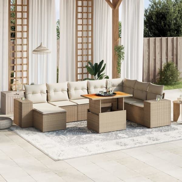 Soffgrupp för trädgården med dynor 9 delar beige konstrotting