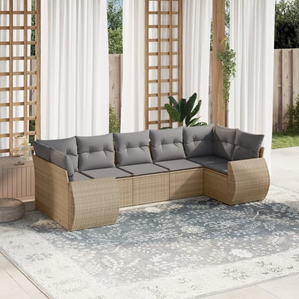 Matgrupp för trädgården med dynor 7 delar beige konstrotting