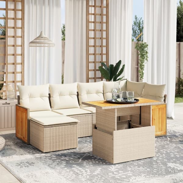 Matgrupp för trädgården med dynor 7 delar beige konstrotting