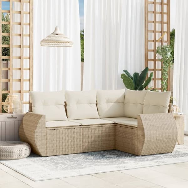 Soffgrupp för trädgård med dynor 4 delar beige konstrotting