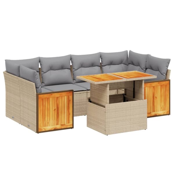 Matgrupp för trädgården med dynor 7 delar beige konstrotting