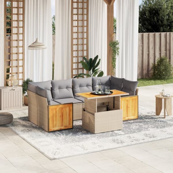 Matgrupp för trädgården med dynor 7 delar beige konstrotting