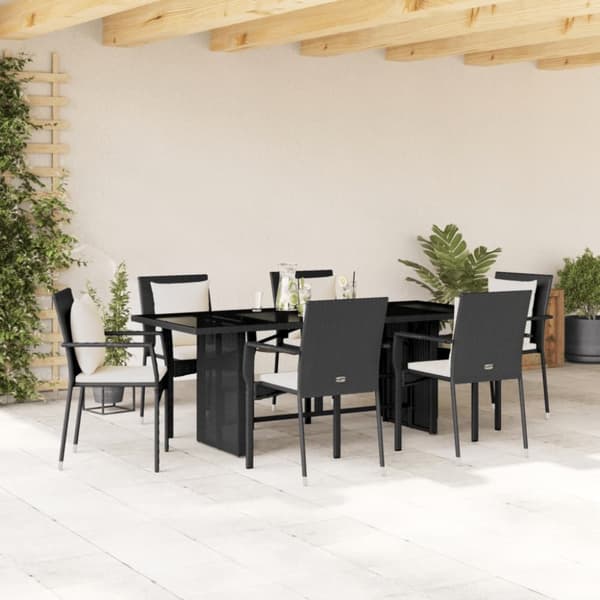 Matgrupp för trädgården med dynor 7 delar svart konstrotting