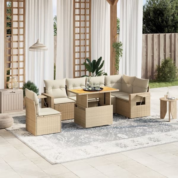 Matgrupp för trädgården med dynor 7 delar beige konstrotting