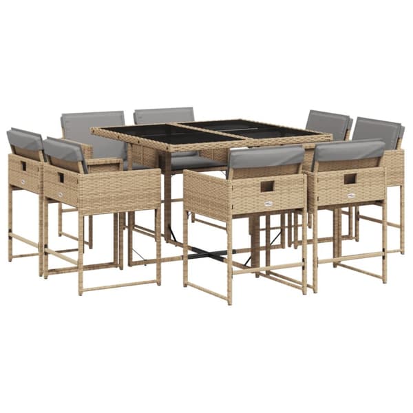 Matgrupp för trädgården med dynor 9 delar mixbeige konstrotting
