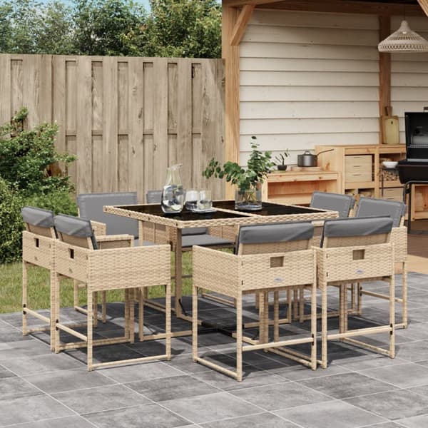 Matgrupp för trädgården med dynor 9 delar mixbeige konstrotting