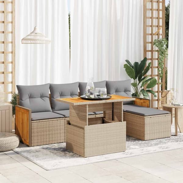 Trädgårdssoffset med dynor 6 delar beige konstrotting akaciaträ