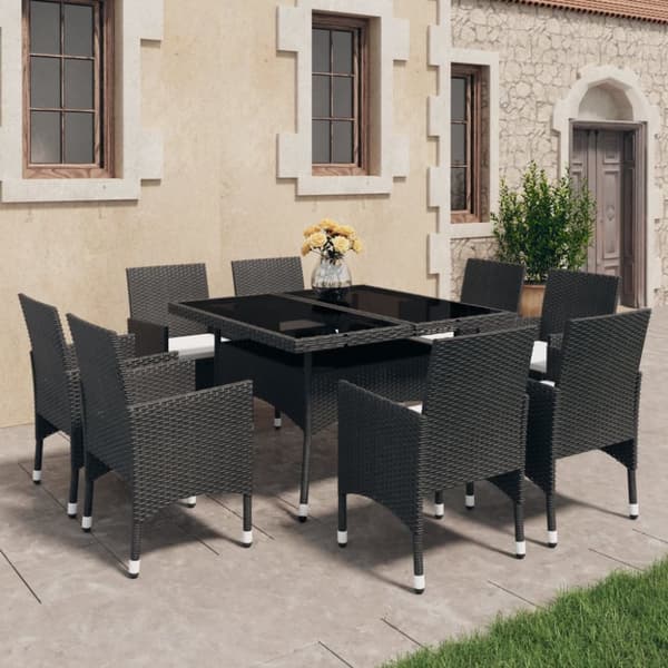 Matgrupp för trädgården 9 delar konstrotting och glas svart