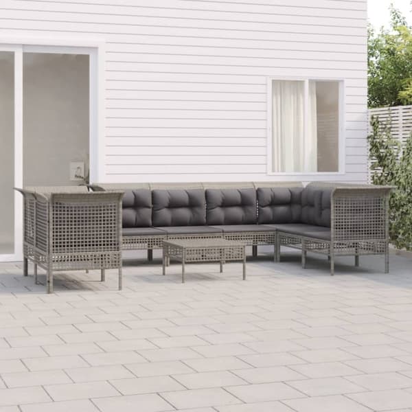 Loungegrupp för trädgården med dynor 9 delar grå konstrotting