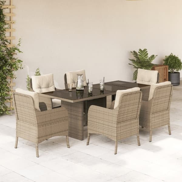 Matgrupp för trädgården med dynor 7 delar beige konstrotting