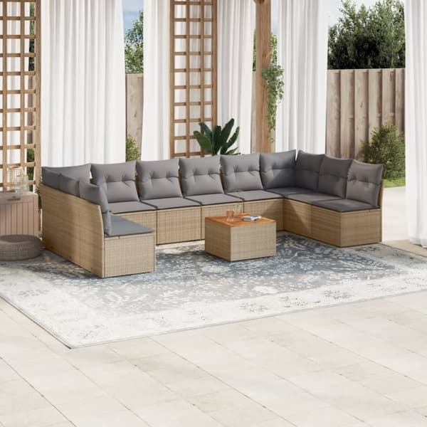 Loungegrupp för trädgården m. dynor 11 delar beige konstrotting