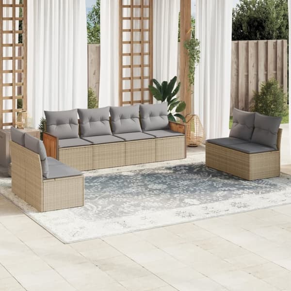 Matgrupp för trädgården med dynor 8 delar beige konstrotting