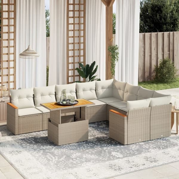 Soffgrupp för trädgård med dynor 10 delar beige konstrotting