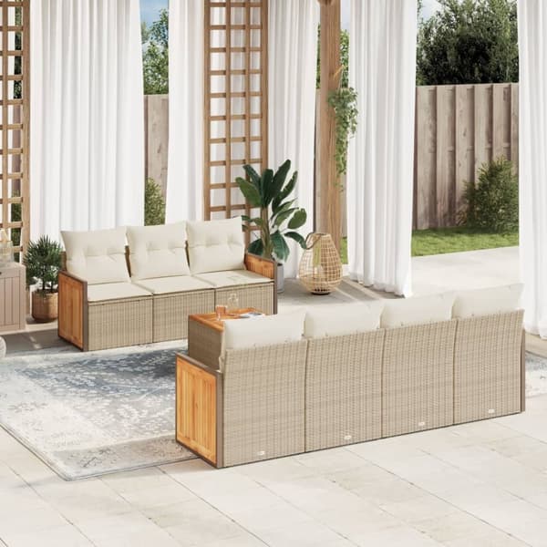 Matgrupp för trädgården med dynor 8 delar beige konstrotting