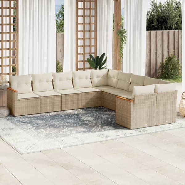 Soffgrupp för trädgård med dynor 10 delar beige konstrotting