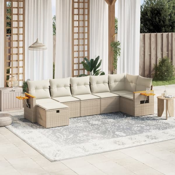 Matgrupp för trädgården med dynor 7 delar beige konstrotting
