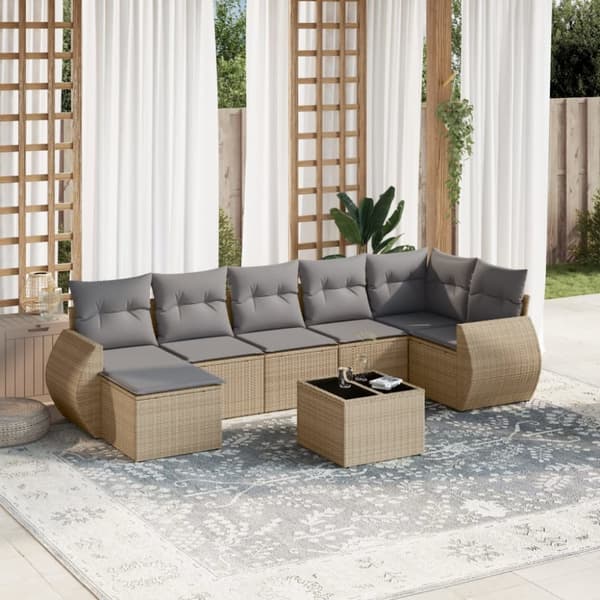 Matgrupp för trädgården med dynor 8 delar beige konstrotting