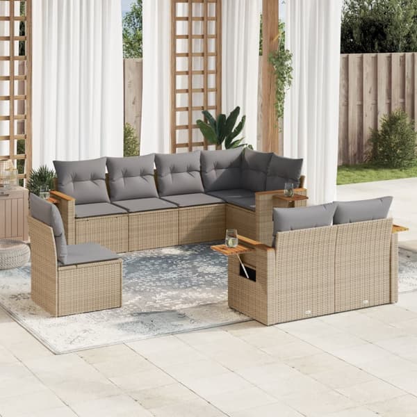Matgrupp för trädgården med dynor 8 delar beige konstrotting