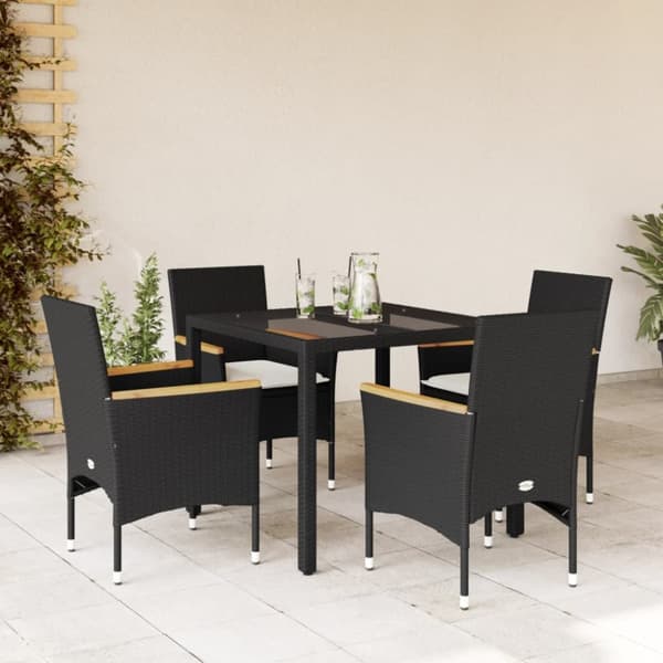 Matgrupp för trädgård med dynor 5 delar svart konstrotting&glas