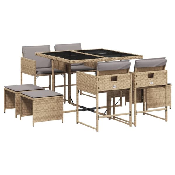Matgrupp för trädgården med dynor 9 delar mixbeige konstrotting
